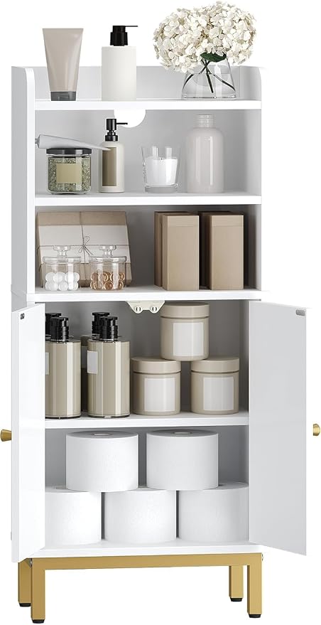 Hzuaneri Bathroom Storage Cabinet, Small Floor Cabinet with 2 Door | Toilet Paper Cabinets, Bathroom Organizer with Adjustable Shelf, for Small Spaces White, Arch Door,7.1" Dx14.6 Wx32.7 H