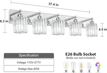Brushed Chrome Crystal Bathroom Vanity Light, 5-Light Modern Bathroom Lighting Fixtures Over Mirror,Chrome Wall Sconce Light Fixtures with Round Shade