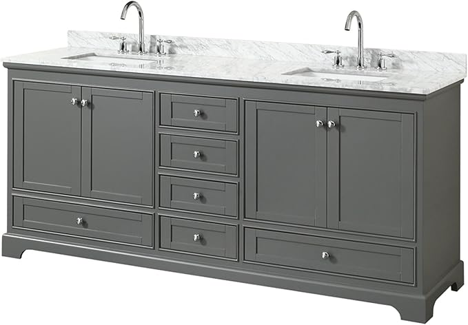 Wyndham Collection Deborah 80 inch Double Bathroom Vanity in Dark Gray, White Carrara Marble Countertop, Undermount Square Sinks, and No Mirror