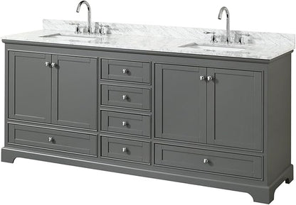 Wyndham Collection Deborah 80 inch Double Bathroom Vanity in Dark Gray, White Carrara Marble Countertop, Undermount Square Sinks, and No Mirror