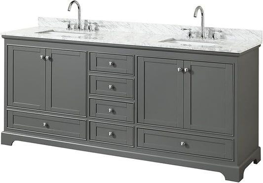 Wyndham Collection Deborah 80 inch Double Bathroom Vanity in Dark Gray, White Carrara Marble Countertop, Undermount Square Sinks, and No Mirror
