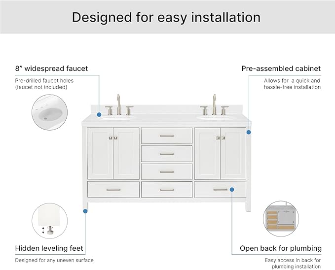 ARIEL Cambridge 66-inch Bathroom Vanity with Sink,Solid Wood, 1.5-inch Carrara White Quartz Countertop & Backsplash, Double Oval Porcelain Sink, 4 Soft Closing Doors, 6 Dovetail Drawers, White