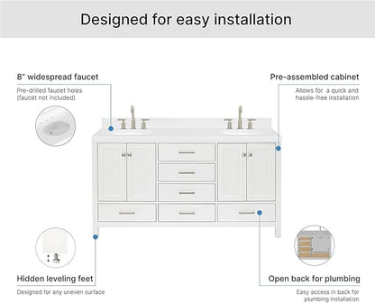 ARIEL Cambridge 66-inch Bathroom Vanity with Sink,Solid Wood, 1.5-inch Carrara White Quartz Countertop & Backsplash, Double Oval Porcelain Sink, 4 Soft Closing Doors, 6 Dovetail Drawers, White