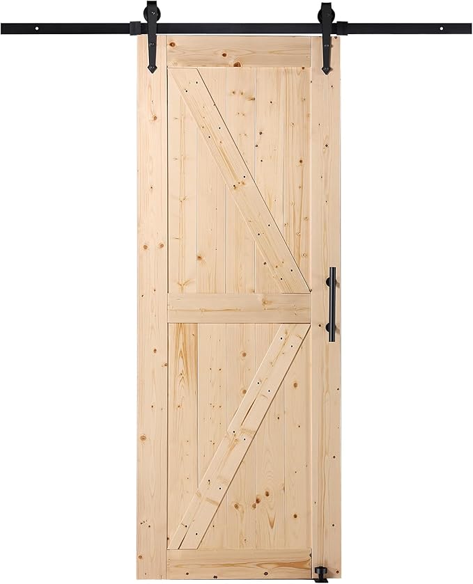 VEVOR 30in x 84in Sliding Barn Door with 5ft Barn Door Hardware Kit Included & Handle, Water-Proof Solid Wood, Easy Assembly, for Interior Rooms & Storage Closet, K-Frame, DIY, Stainable, Natural
