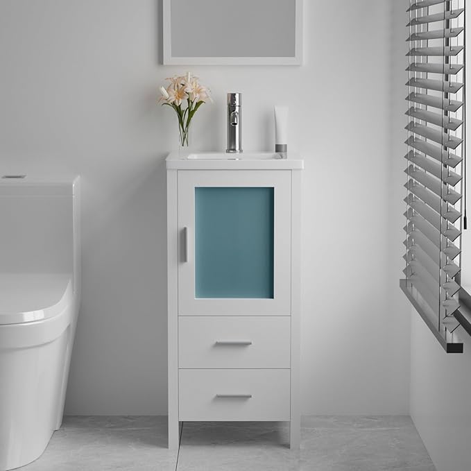 wonline 16" Bathroom Vanity Set, Single Small Bathroom Cabinet with Ceramic Sink, Modern White Cabinet Vanity with Faucet & Pop Up Drain