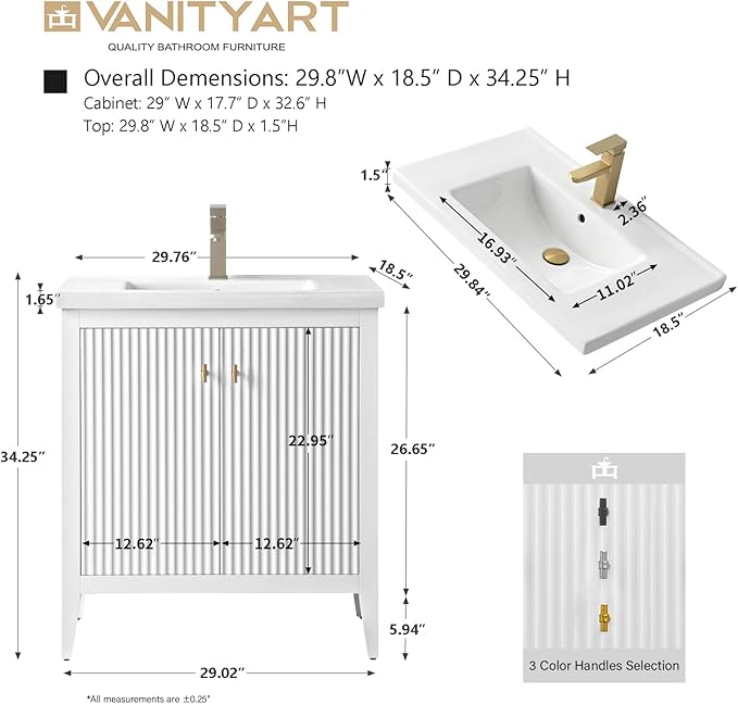Vanity Art 30 inch Bathroom Vanity with Single Sink & Ceramic Top, Vanity Cabinet with Soft-Closing Door, Solid Wood Frame, Linear Pattern, White, Golden Brushed Handware VA9130-W-GB