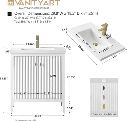 Vanity Art 30 inch Bathroom Vanity with Single Sink & Ceramic Top, Vanity Cabinet with Soft-Closing Door, Solid Wood Frame, Linear Pattern, White, Golden Brushed Handware VA9130-W-GB