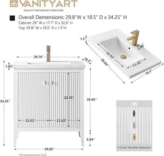 Vanity Art 30 inch Bathroom Vanity with Single Sink & Ceramic Top, Vanity Cabinet with Soft-Closing Door, Solid Wood Frame, Linear Pattern, White, Golden Brushed Handware VA9130-W-GB