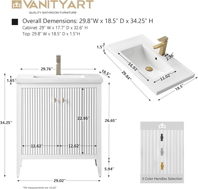Vanity Art 30 inch Bathroom Vanity with Single Sink & Ceramic Top, Vanity Cabinet with Soft-Closing Door, Solid Wood Frame, Linear Pattern, White, VA9130-W-MB,Matte Black Handles