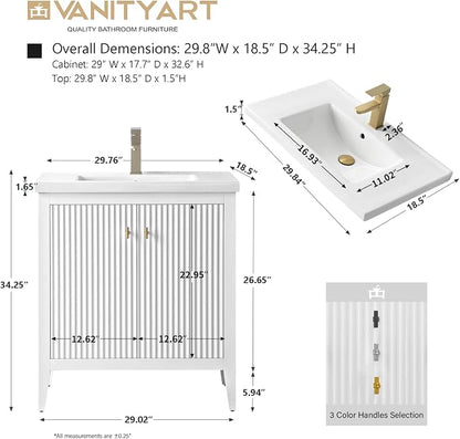 Vanity Art 30 inch Bathroom Vanity with Single Sink & Ceramic Top, Vanity Cabinet with Soft-Closing Door, Solid Wood Frame, Linear Pattern, White, VA9130-W-MB,Matte Black Handles