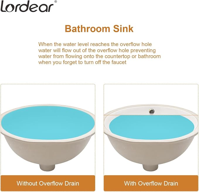 Lordear Undermount Bathroom Sink 19x16 Inch Bathroom Vanity Sink Undermount Round White Porcelain Ceramic Bathroom Under Counter Lavatory Vanity Sink Basin with Overflow