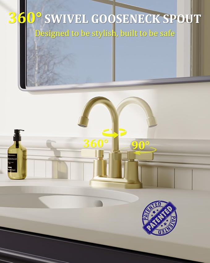 Brushed Gold Bathroom Sink Faucet 3 Hole 4 Inch Centerset Bathroom Faucets | Faucet for Bathroom Sink with Pop Up Drain and 2 Supply Hoses 2 Handle Bathroom Faucet for Sink Vanity RV Evolvegoods