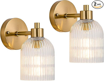 Gold Modern Wall Sconce Set of 2 Glass Bathroom Vanity Lighting Fixture Sconces Wall Lighting Brushed Indoor Wall Mounted Lamp for Living Room Bedroom Bathroom