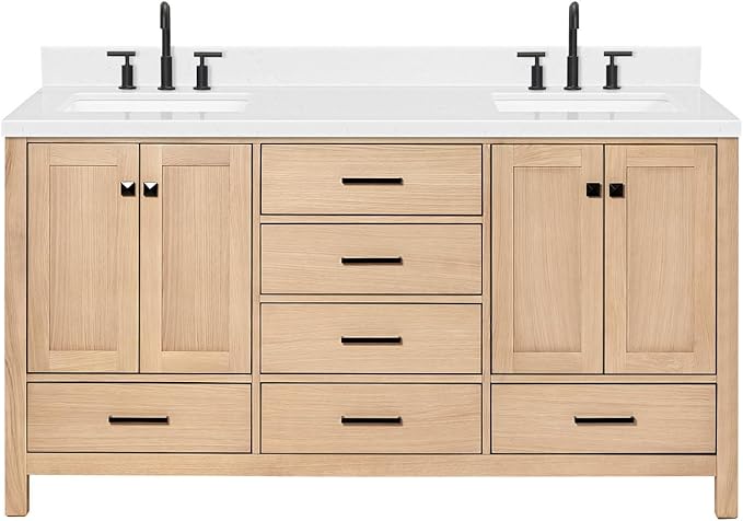 ARIEL Cambridge 66-inch Bathroom Vanity with Sink,Solid Wood, 1.5-inch Carrara White Quartz Countertop, Double Rectangular Porcelain Sink, 4 Soft Closing Doors, 6 Dovetail Drawers, White Oak