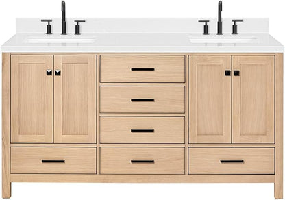 ARIEL 66 inch Double Bathroom Vanity top with Sink, 1.5 Inch Thick Miter Edge Carrara White Quartz top, Rectangle Double Sink Vanity top, Includes Backsplash