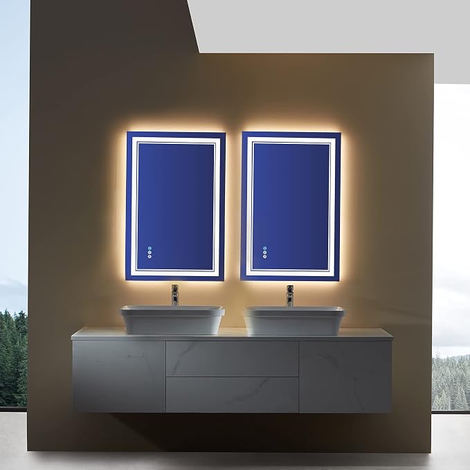 24x36 Inch RGB LED Bathroom Mirror with Lights | Front and RGB Backlit, Dimmable, Memory, Anti Fog, Shatterproof, Horizontal/Vertical, Lighted Mirrors for Bathroom Wall
