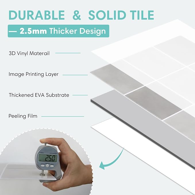 Commomy Thicker Gray Peel and Stick Tiles - 10 pcs of 12" x 12" - 3D Adhesive Square Peel and Stick Tiles Backsplash for Kitchen, Bathroom, Removable, Waterproof, Vinyl Wall Tile (Gray)