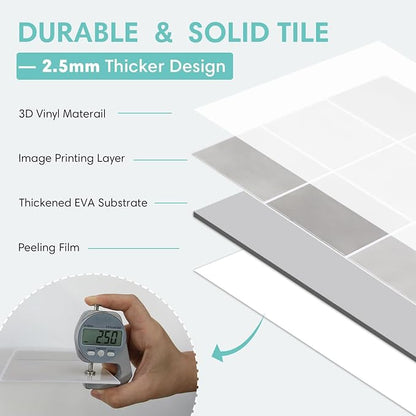 Commomy Thicker Gray Peel and Stick Tiles - 10 pcs of 12" x 12" - 3D Adhesive Square Peel and Stick Tiles Backsplash for Kitchen, Bathroom, Removable, Waterproof, Vinyl Wall Tile (Gray)