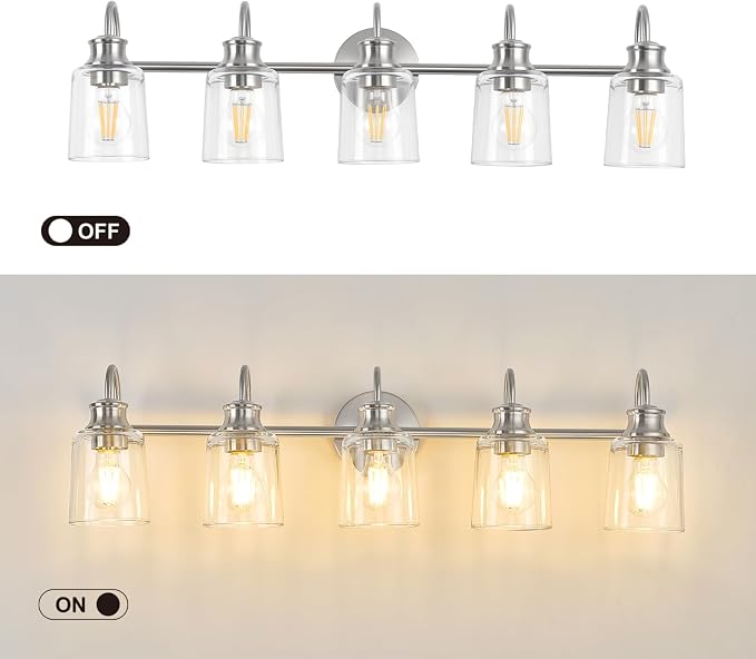 5 Lights Bathroom Light Fixtures Brushed Nickel Vanity Lights | ETL Certificate, Easy to Install,Wall Mount Up or Down,Thickened Glass Lampshade,E26 Socket,Hardwired