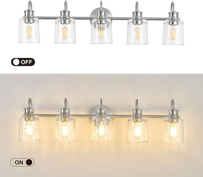 5 Lights Bathroom Light Fixtures Brushed Nickel Vanity Lights | ETL Certificate, Easy to Install,Wall Mount Up or Down,Thickened Glass Lampshade,E26 Socket,Hardwired