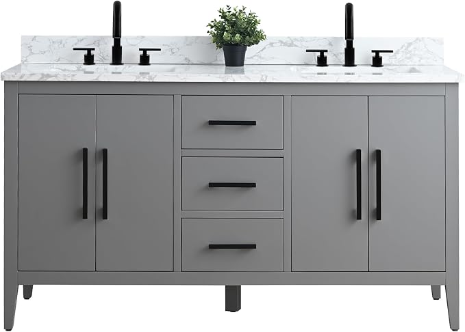 60 Inch Bathroom Vanity with Sink & Ceramic Top, Double Vanity Cabinet with Basin, Soft-Closing Doors & Matte Black Hardware, Grey