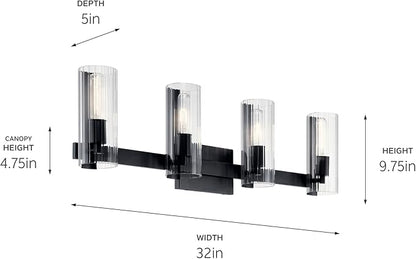 Kichler Jemsa 4 Light Vanity, Modern Light with Clear Fluted Glass in Black for Bathroom or Powder Room (9.75" x 32"), 55169BK