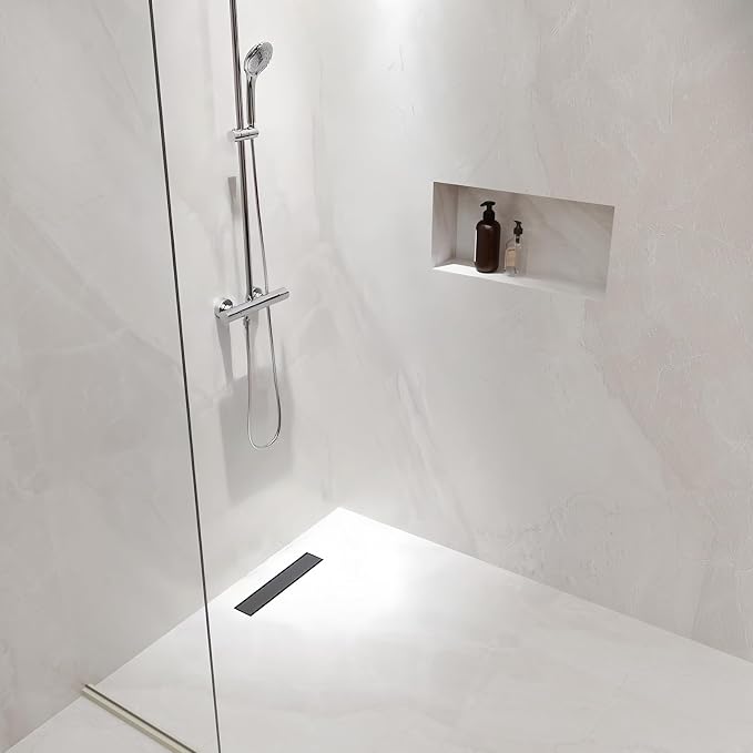 DLONE® Linear Shower Drain - 18 Inch Matte Black, with Tile Insert Panel | AISI 304 Stainless Steel Linear Drain, Rectangle Shower Floor Drain, with Adjustable Feet, Fits Bathroom & Balcony etc