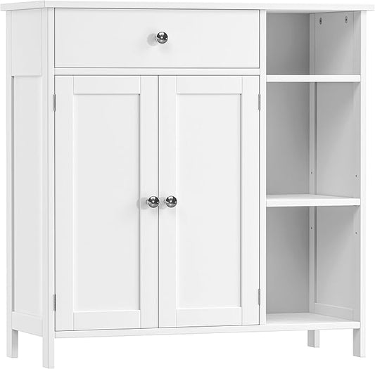 White Bathroom Floor Cabinet with Large Drawer, Floor Storage Cabinet with Doors & Adjustable Shelves, Modern Storage Cupboard with 3 Open Space for Living Room, Entryway, Dining Room