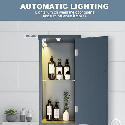 67" Tall Bathroom Storage Cabinet with Lights, Slim Narrow Bathroom Cabinet Organizer with Doors and Adjustable Shelves, Tall Cabinet for Small Space (66.9" Tall-Blue with Light)