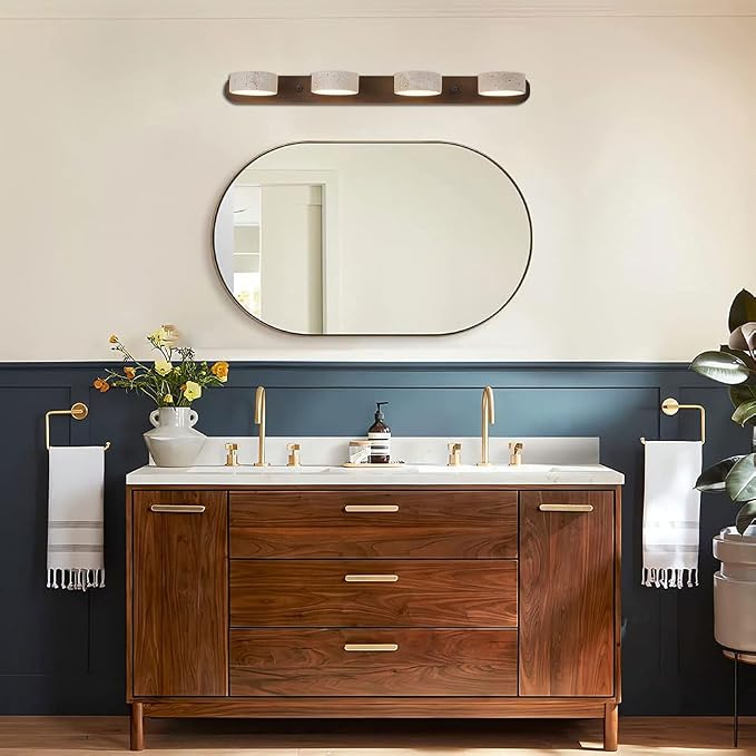 Yellow Travertine Vanity Light, 27.6" Wabi Sabi Modern Wooden Bathroom Light 360° Rotatable Natural Stone Lampshade Wall Lighting Fixture Over Mirror for Bathroom Farmhouse Home Decor (4 Lights)