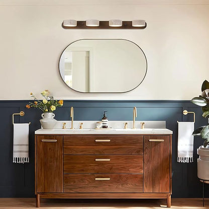 Yellow Travertine Vanity Light, 27.6" Wabi Sabi Modern Wooden Bathroom Light 360° Rotatable Natural Stone Lampshade Wall Lighting Fixture Over Mirror for Bathroom Farmhouse Home Decor (4 Lights)