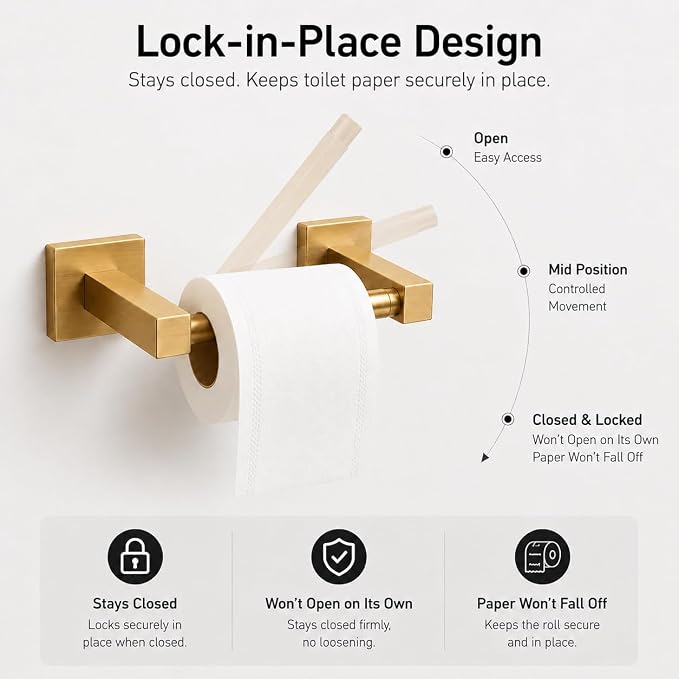Brushed Gold Toilet Paper Holder Wall Mount, Bathroom Toilet Paper Holder for SUS 304 Stainless Steel, Double Post Pivoting Square Toilet Paper Roll Holder for Bathroom RV Paper Towels for TP