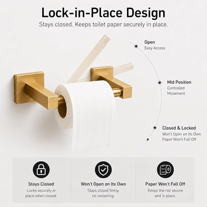 Brushed Gold Toilet Paper Holder Wall Mount, Bathroom Toilet Paper Holder for SUS 304 Stainless Steel, Double Post Pivoting Square Toilet Paper Roll Holder for Bathroom RV Paper Towels for TP