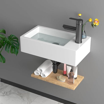 Small Bathroom Sink - 18"x10" Wall Mount Rectangular Ceramic Vessel Sink White Porcelain Floating Vanity Sink for Tiny Bathrooms with Faucet & Drain Combo (Right Hand Bowl Options)