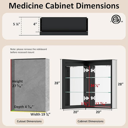 20x28 Inch Medicine Cabinet with Lights and Mirror, Recessed or Surface Mount LED Bathroom Medicine Cabinet, Anti-Fog, Adjustable Shelf, Dimmable Light, Outlets & USB, ETL Listed, Left Hinge,Black