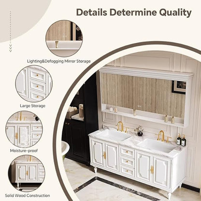 Bathroom Vanity with Single/Double Sink,Smart Defogging Mirror and Cabinet,48-92IN French Elegant Style Solid Wood Floor Standing Vanity