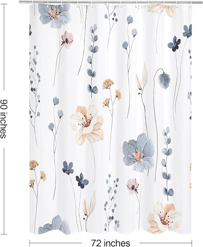 Blue Beige Watercolor Floral Fabric Shower Curtain, 72x90 | Waterproof Fabric, Modern Minimalist Floral Print, Machine Washable, Rustproof Grommets, for Bathroom Home, Extra Long