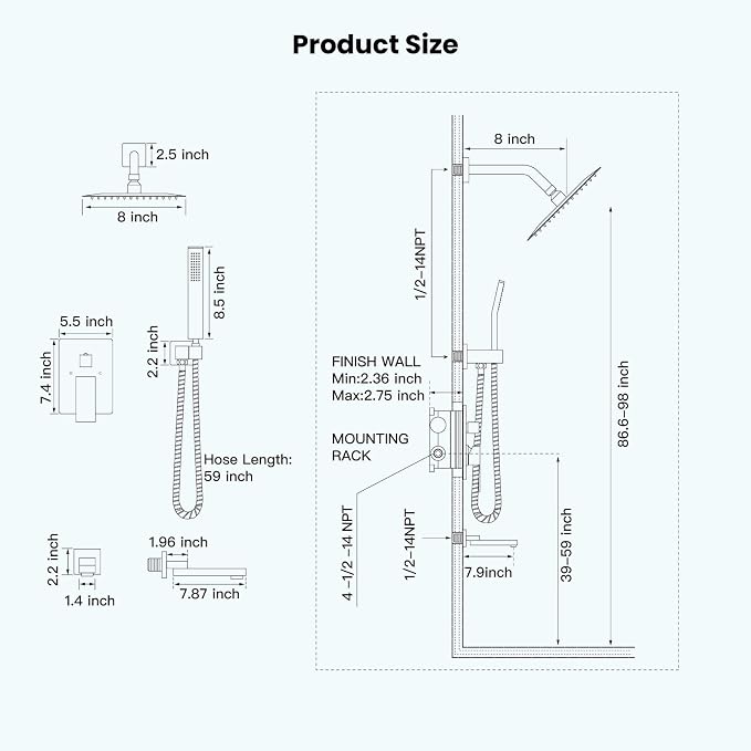 gotonovo Tub Shower Faucet Set with Valve Kit 8’’ Head,Polished Chrome | Shower System with Tub Spout,SUS304 Rain Head with Handheld Sprayer,Swivel Spout,All Metal,Rough-In Valve Trim Kit,Wall Mount