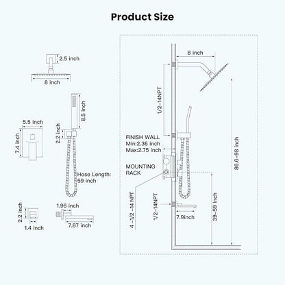 gotonovo Tub Shower Faucet Set with Valve Kit 8’’ Head,Polished Chrome | Shower System with Tub Spout,SUS304 Rain Head with Handheld Sprayer,Swivel Spout,All Metal,Rough-In Valve Trim Kit,Wall Mount
