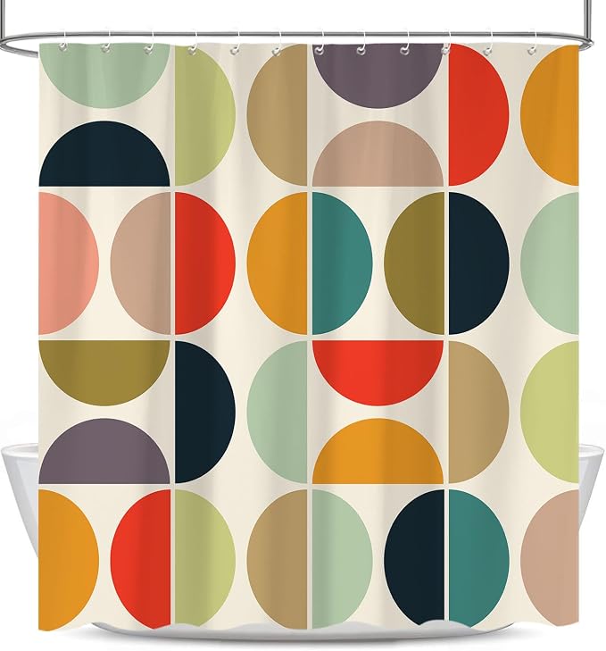 Mid Century Modern Shower Curtain, Colorful Boho Geometric Abstract Vintage Shower Curtains for Bathroom, Colorful Unique Pattern Polyester Fabric Shower Curtain Set 12 Hooks 72X72IN
