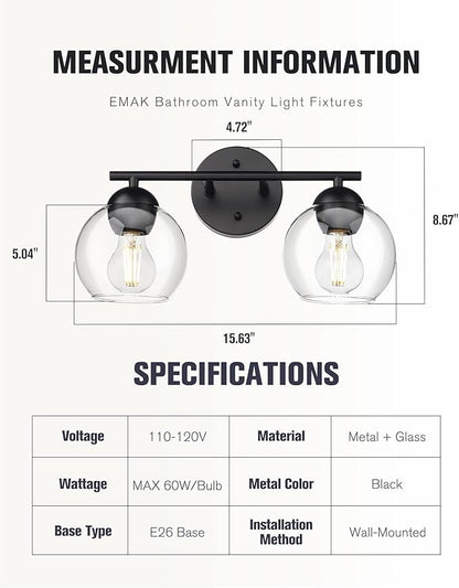 Emak 2-Light Black Bathroom Light Fixtures Over Mirror, Globe Bathroom Vanity Lights with Clear Glass Shade, VL114-BKL-2
