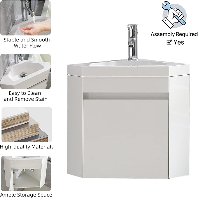 wonline 16" Corner Bathroom Vanity Sink Combo for Small Space Wall Mounted Cabinet Set Design White Resin Basin Sink Top Chrome Faucet and Drain
