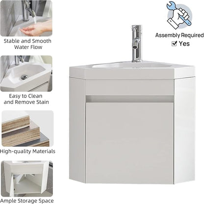 wonline 16" Corner Bathroom Vanity Sink Combo for Small Space Wall Mounted Cabinet Set Design White Resin Basin Sink Top Chrome Faucet and Drain