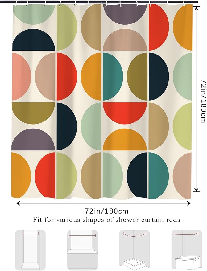 Mid Century Modern Shower Curtain, Colorful Boho Geometric Abstract Vintage Shower Curtains for Bathroom, Colorful Unique Pattern Polyester Fabric Shower Curtain Set 12 Hooks 72X72IN