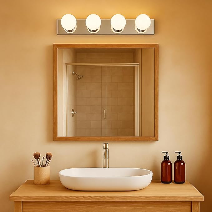 Design House Vanity Lighting, Steel Construction, 4 Vanity Lights, Dimmable, Uses four 60W Bulbs, Polished Chrome, 24.0 In. W x 4.3 In. H x 2.0 In. D, 500892