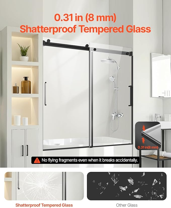 VEVOR Frameless Sliding Bathtub Door, 56-60" W x 60" H, Frameless Shower Glass Door, Frameless Double Sliding Tub Door with 5/16 in Clear Tempered Glass and Stainless Steel Handle, Black