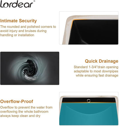 Lordear Undermount Bathroom Sink 18x14 Inch Black Rectangle Porcelain Ceramic Bathroom Sinks Deep Basin with Overflow Lavatory Vanity Sink Mounted Under