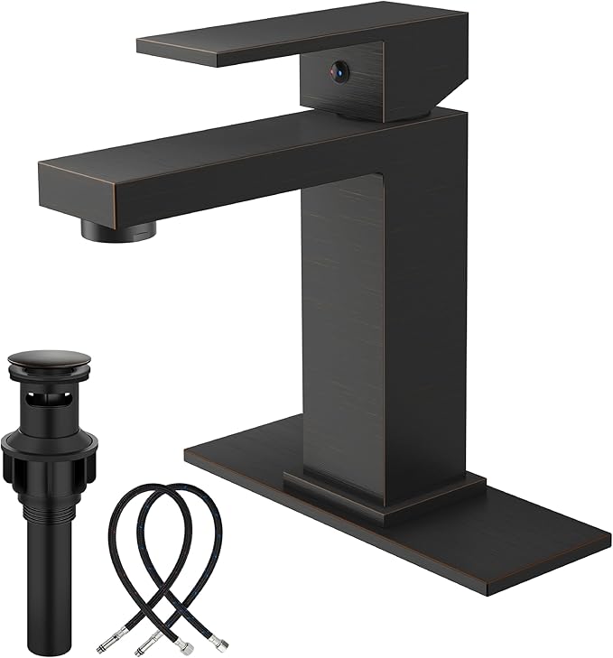 Midanya Bathroom Faucets 1 Hole, Single Handle Stainless Steel Bathroom Sink Faucet, Modern Vanity Faucets with Deck Plate,Water Supply Hoses and Pop Up Drain,Oil Rubbed Bronze
