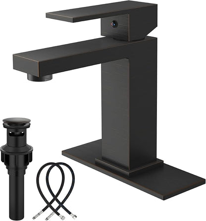 Midanya Bathroom Faucets 1 Hole, Single Handle Stainless Steel Bathroom Sink Faucet, Modern Vanity Faucets with Deck Plate,Water Supply Hoses and Pop Up Drain,Oil Rubbed Bronze