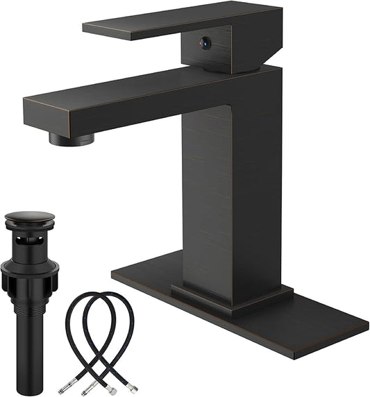Midanya Bathroom Faucets 1 Hole, Single Handle Stainless Steel Bathroom Sink Faucet, Modern Vanity Faucets with Deck Plate,Water Supply Hoses and Pop Up Drain,Oil Rubbed Bronze
